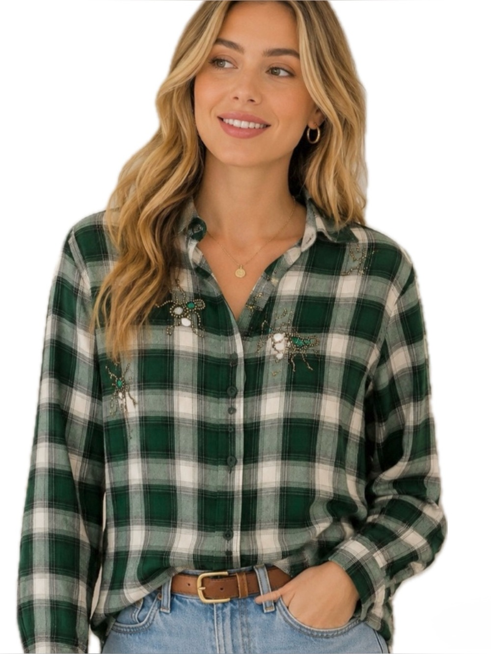 H&M Green Plaid Beaded Insect Button Front Shirt Blouse Size 12